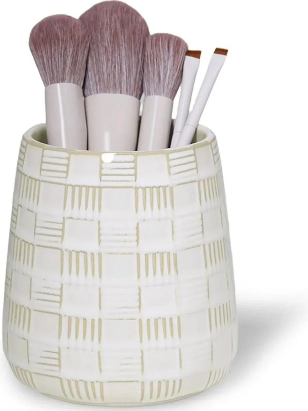 Elegant Ceramic Makeup Brush Holder - Vintage White Vanity Organizer, Easy to
